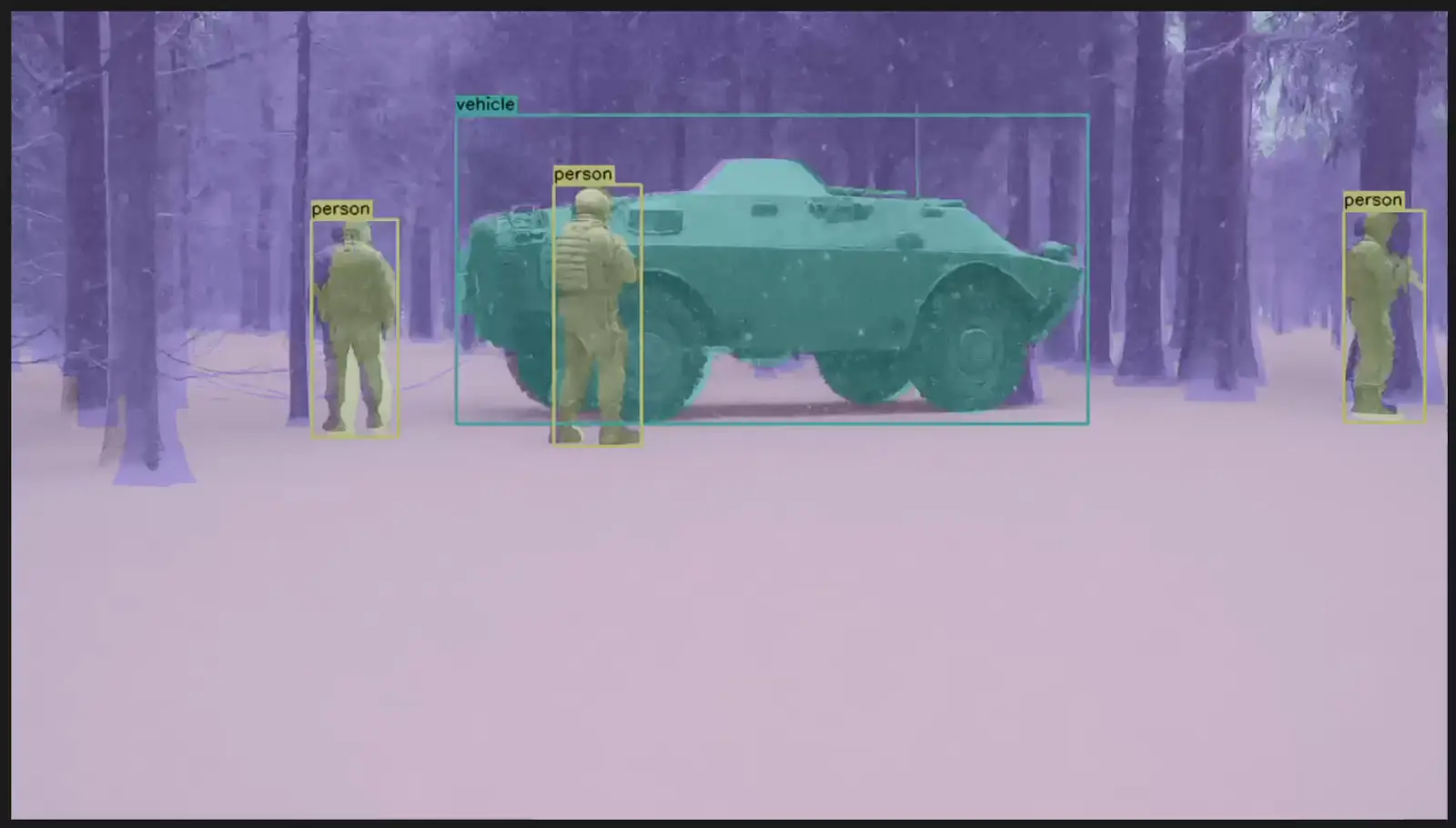 The same synthetic scene with every vehicle and person segmented and bounded by Badb Loop's ground-truth labels.