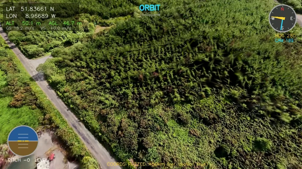 Rendered aerial frame orbiting a forestry plantation and its access road, with a flight HUD.
