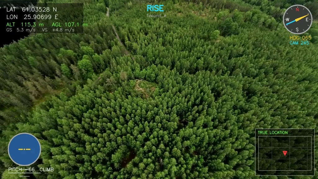 Rendered aerial frame over dense Finnish conifer forest with a flight HUD showing latitude, longitude, altitude and height above ground.