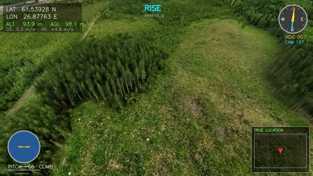 Rendered aerial frame over a Finnish forest clearing with a flight HUD.