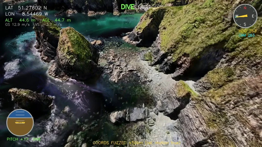 Rendered frame diving towards a rocky coastal inlet, with a flight HUD.