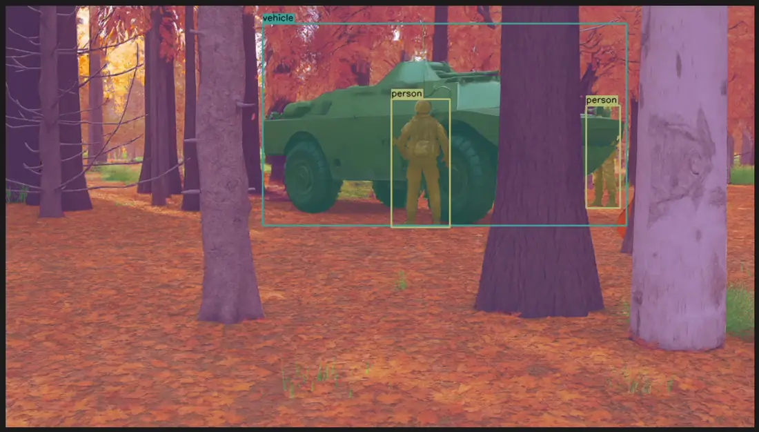 Synthetic autumn woodland with an armoured vehicle detected among the trees.